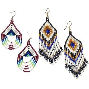 Lot of 2 Seed Bead Earrings Boho Geometric Tiered Fringe Dangle Drop Multicolor